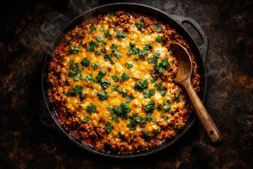 4. One-Pan Cheesy Beef and Rice Skillet the Whole Family Devours in Under 30 Minutes