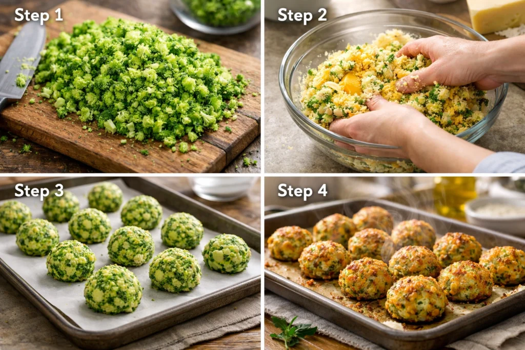 Step by Step Recipe for Baked Crispy Broccoli Cheese Bites