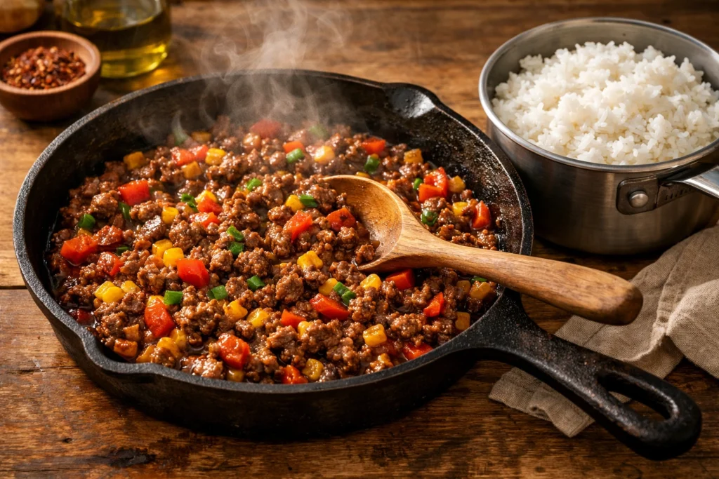 One Pan Ground Beef Pepper Rice Bowls for Easy Cleanup