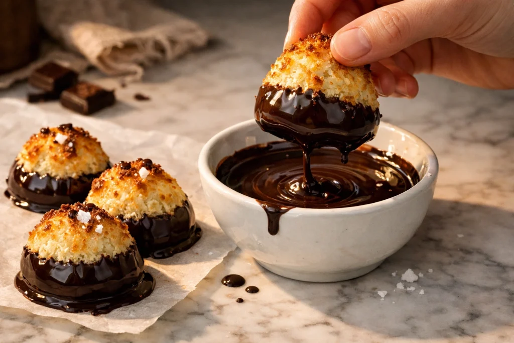 Chocolate Dipped 3 Ingredient Coconut Macaroons for Extra Indulgence