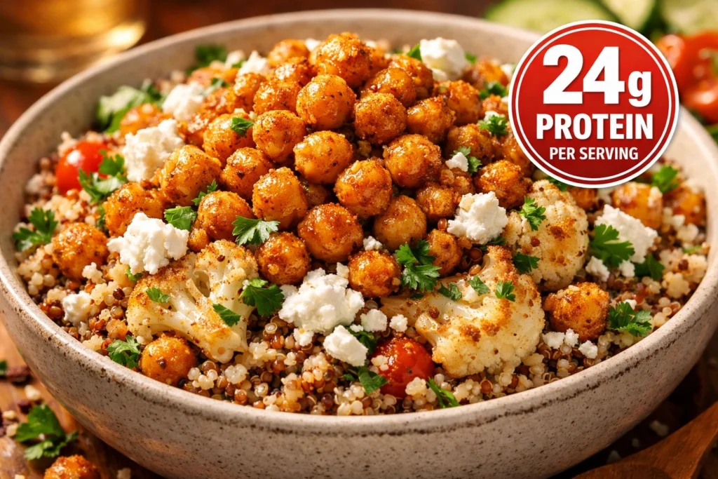 High Protein Greek Cauliflower Bowl With Chickpeas and Feta That Keeps You Full