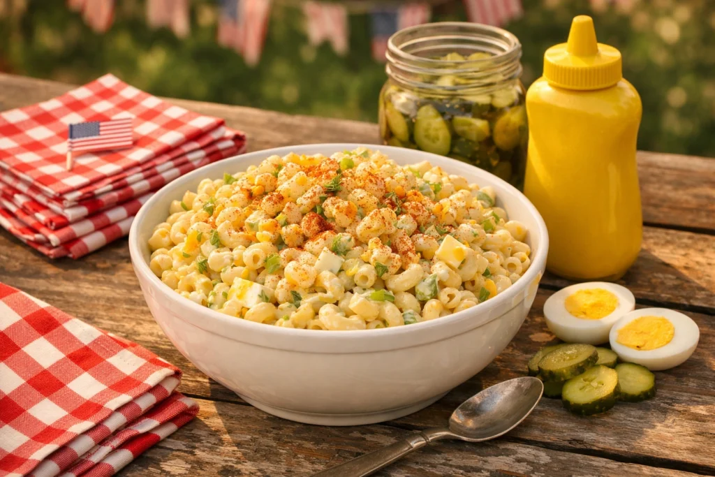 Greek Yogurt Macaroni Salad With Eggs Pickles and Mustard Classic Style