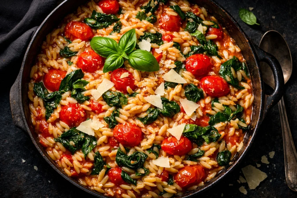 8. One Pot Vegetable Orzo With Spinach and Tomatoes for a Complete Nutritious Meal
