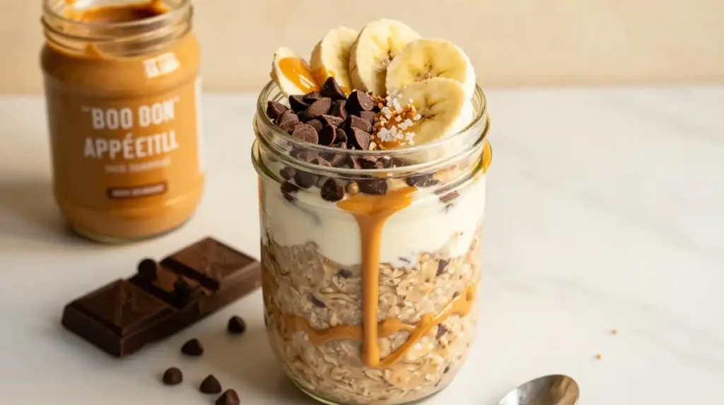 Banana Overnight Oats With Peanut Butter Greek Yogurt and Chocolate Chips