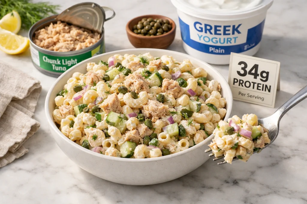 High Protein Greek Yogurt Macaroni Salad With Tuna or Chicken