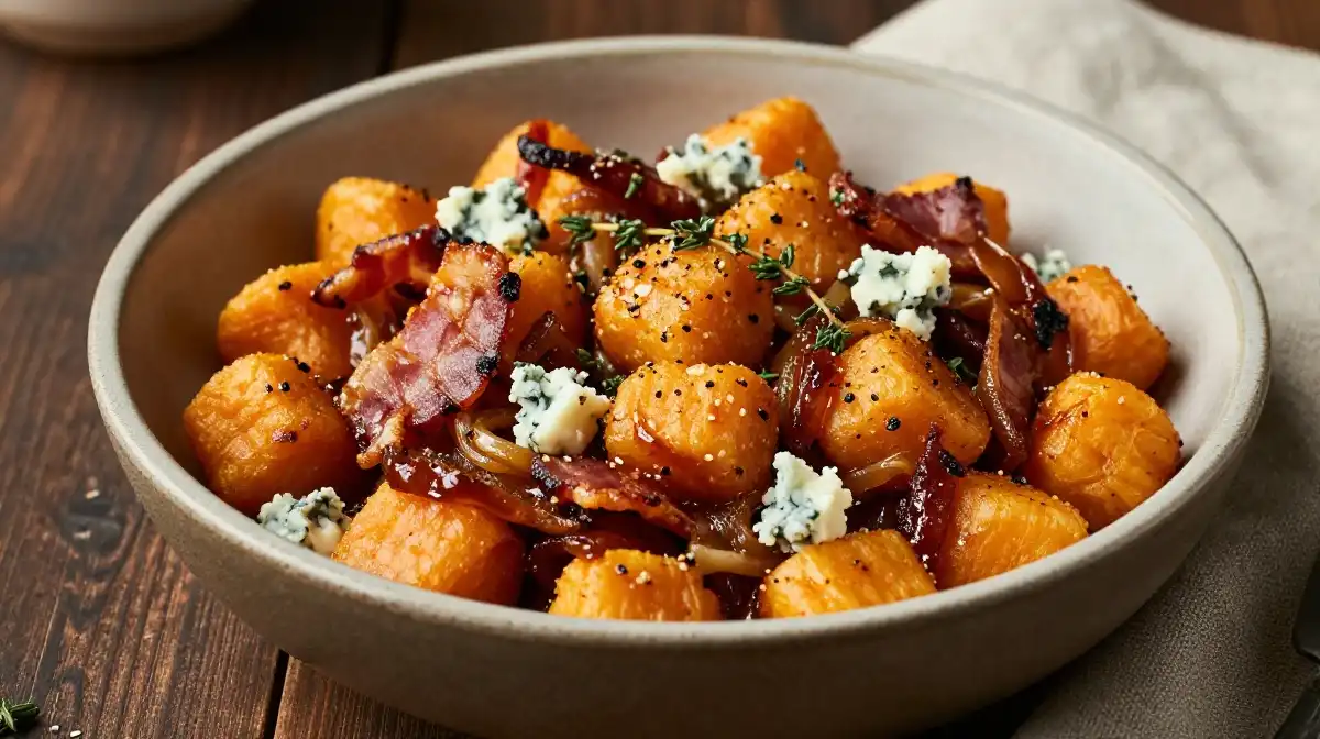 Sweet Potato Gnocchi With Bacon Caramelized Onions and Blue Cheese