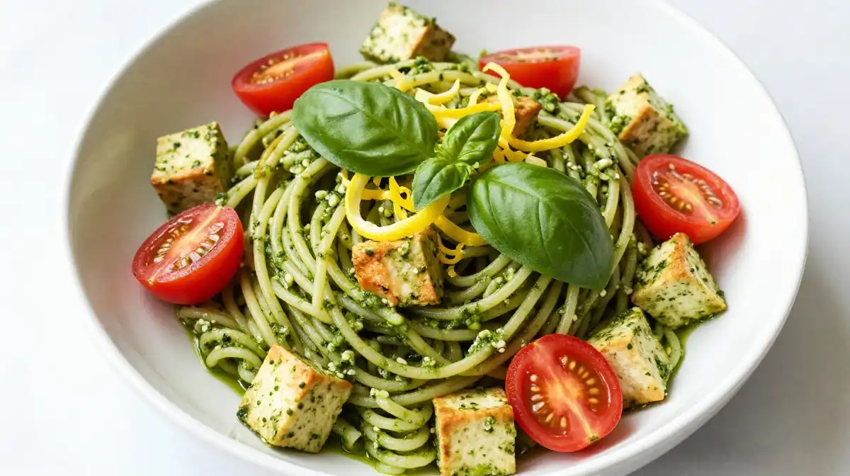 Tofu Pasta With Pesto for a Fresh Vibrant and Flavor Packed Dinner