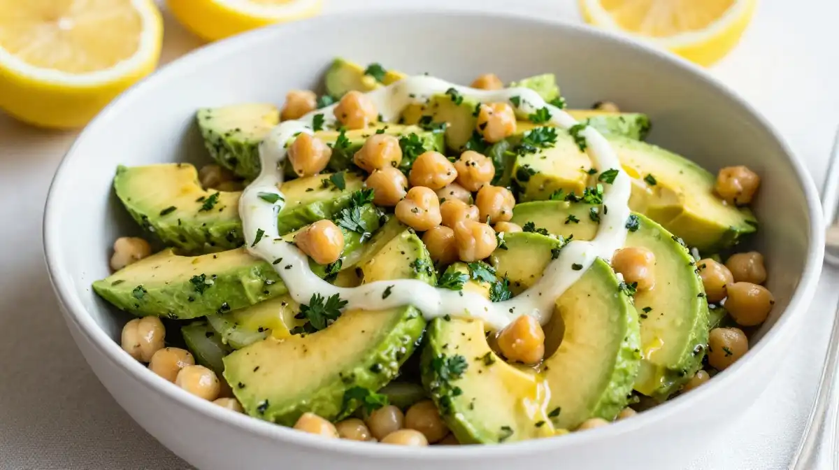 Classic Chickpea Avocado Salad With Lemon Herb Dressing and Fresh Vegetables