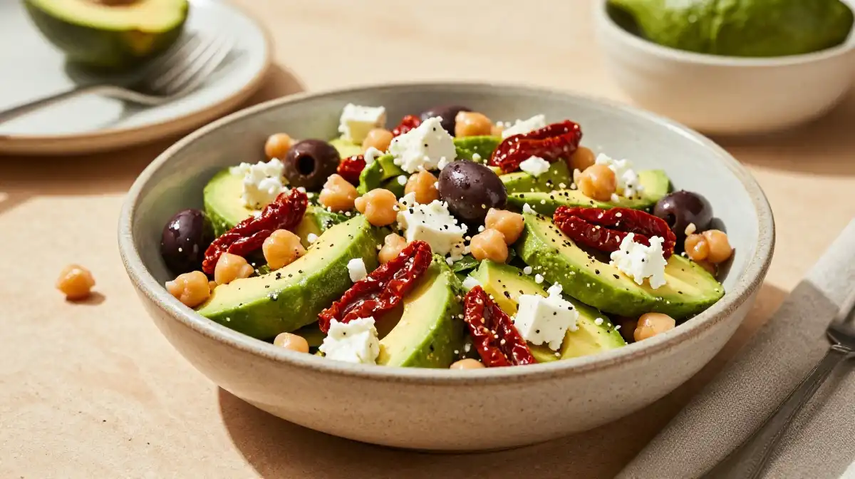 Mediterranean Chickpea Avocado Salad With Feta Olives and Sun Dried Tomatoes