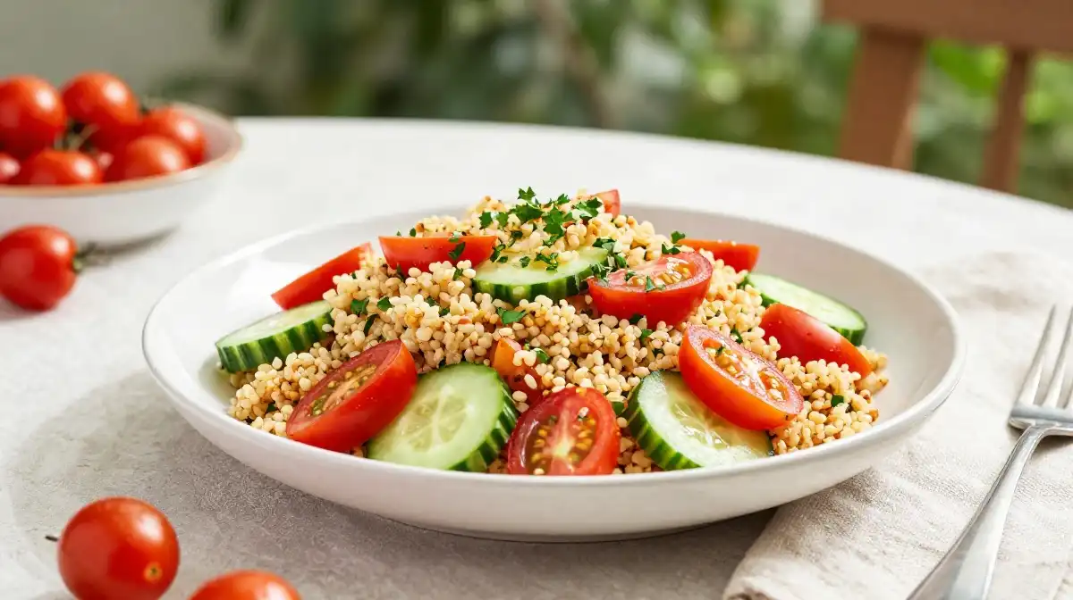 Summer Bulgur Salad With Cherry Tomatoes Cucumber and Fresh Herbs