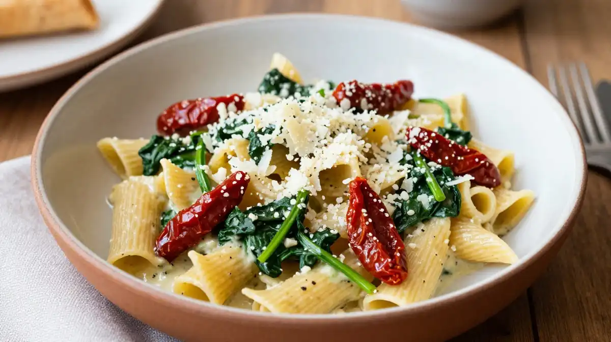 6. Sun Dried Tomato Pasta With Spinach Garlic and Parmesan