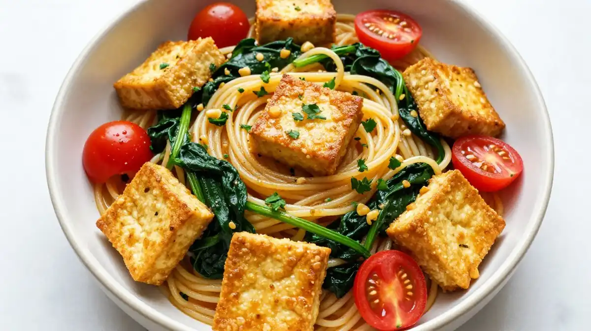 Crispy Tofu Pasta With Garlic Spinach and Cherry Tomatoes