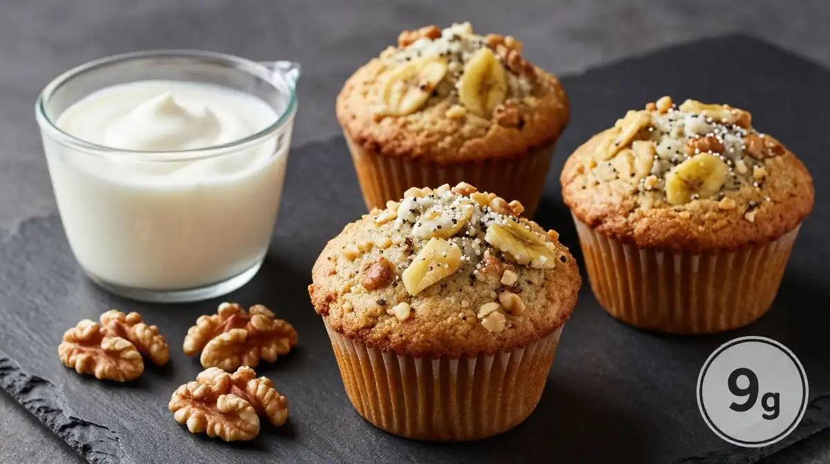 High Protein Healthy Banana Nut Muffins With Greek Yogurt and Walnuts
