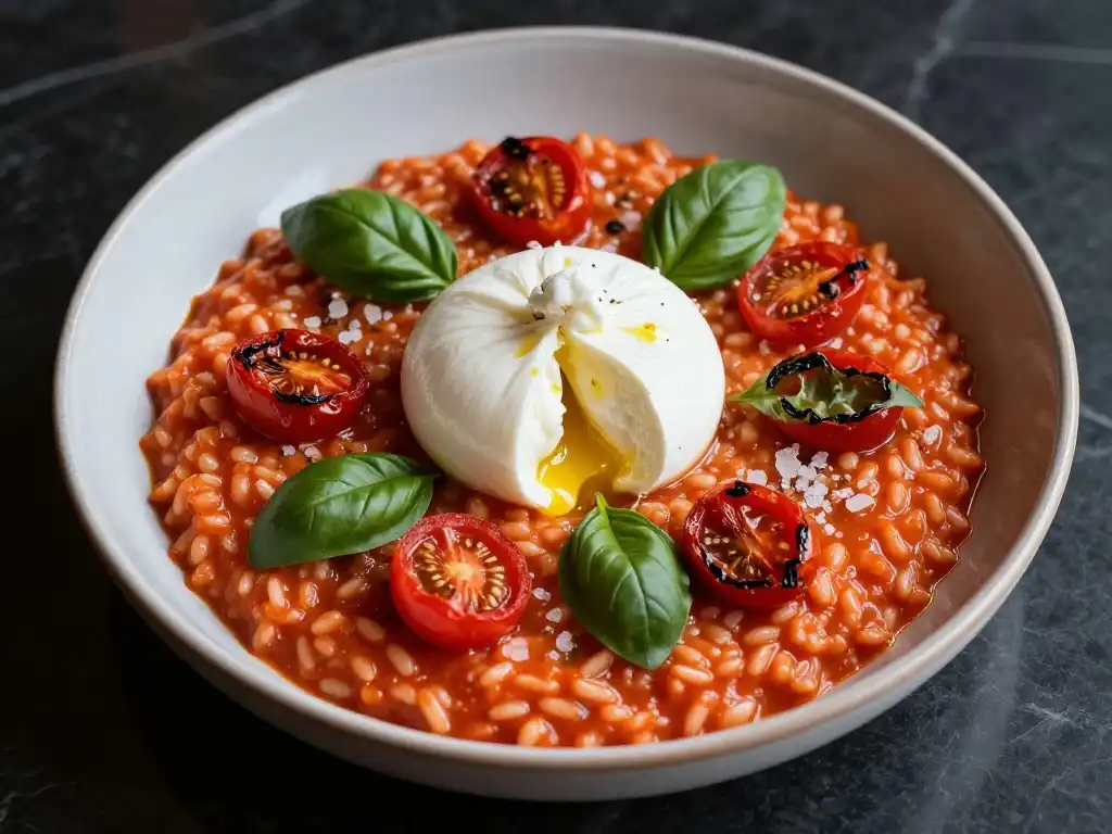 Tomato Risotto With Roasted Cherry Tomatoes Basil and Burrata