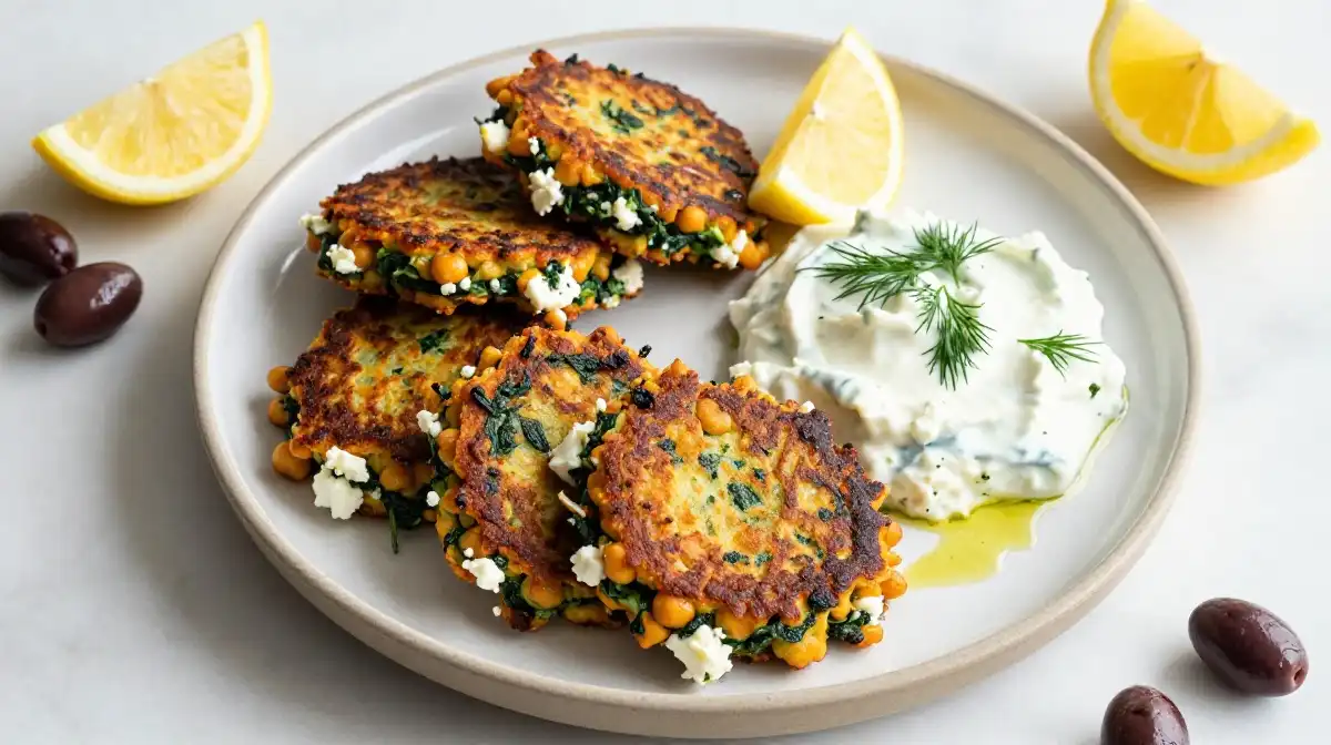 Chickpea Fritters With Feta Spinach and Herbs for Mediterranean Flavor