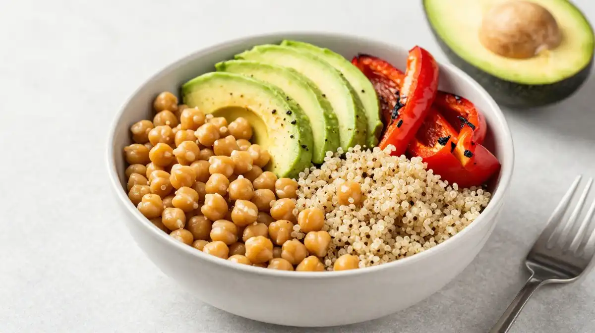 High Protein Chickpea Avocado Power Bowl With Quinoa and Roasted Peppers