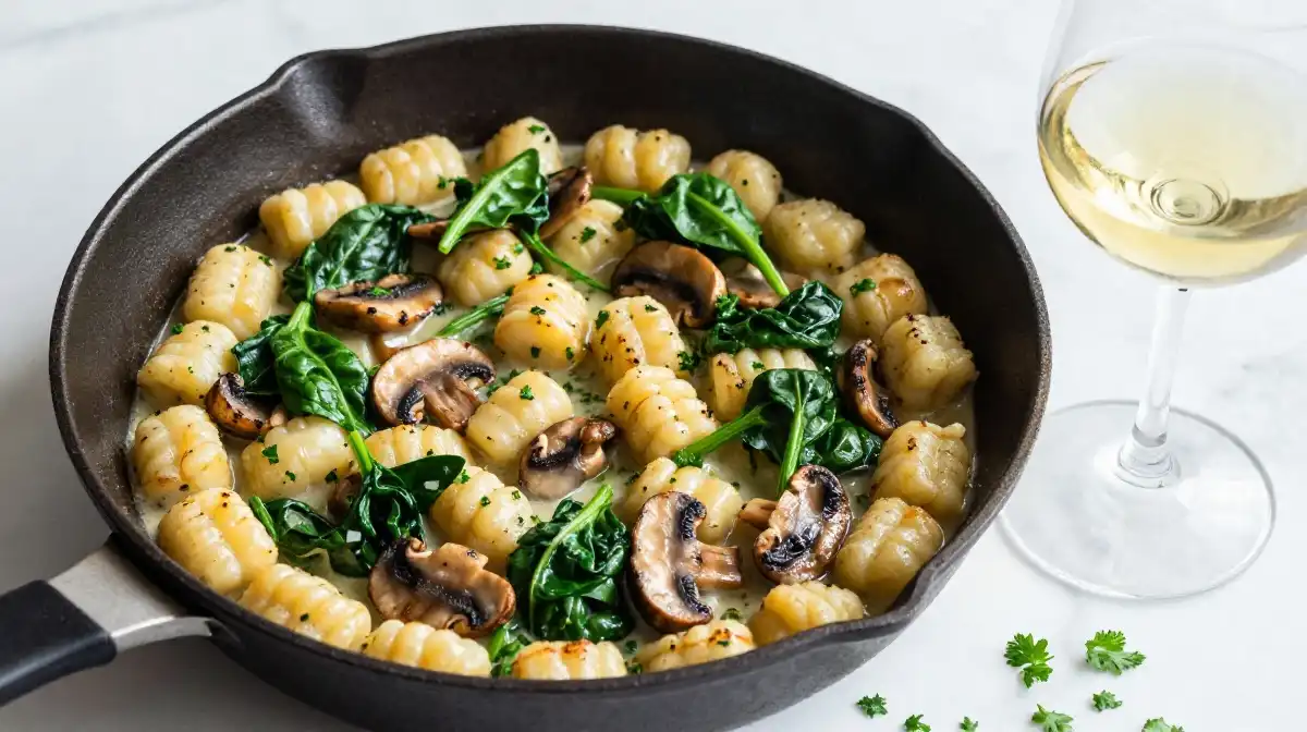 Mushroom Gnocchi Skillet With Spinach and White Wine for Extra Depth