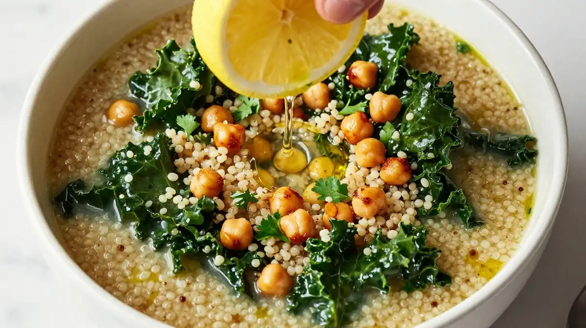 Quinoa Vegetable Soup With Kale Chickpeas and Lemon for Extra Nutrition
