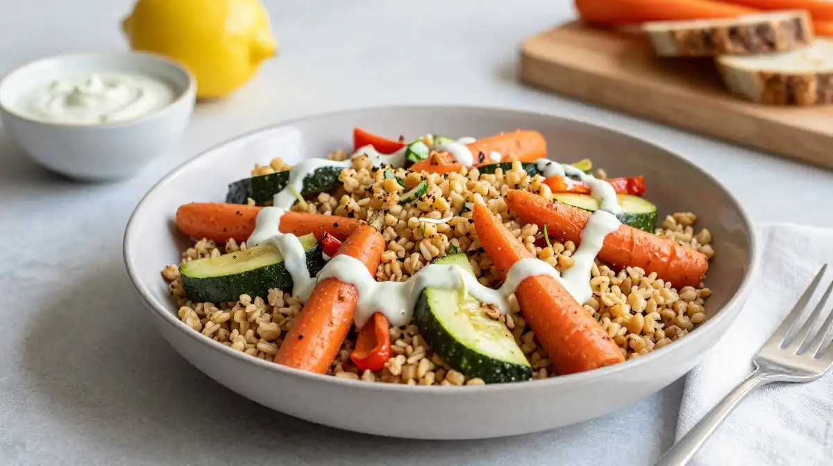 Roasted Vegetable Bulgur Salad With Lemon Tahini Dressing