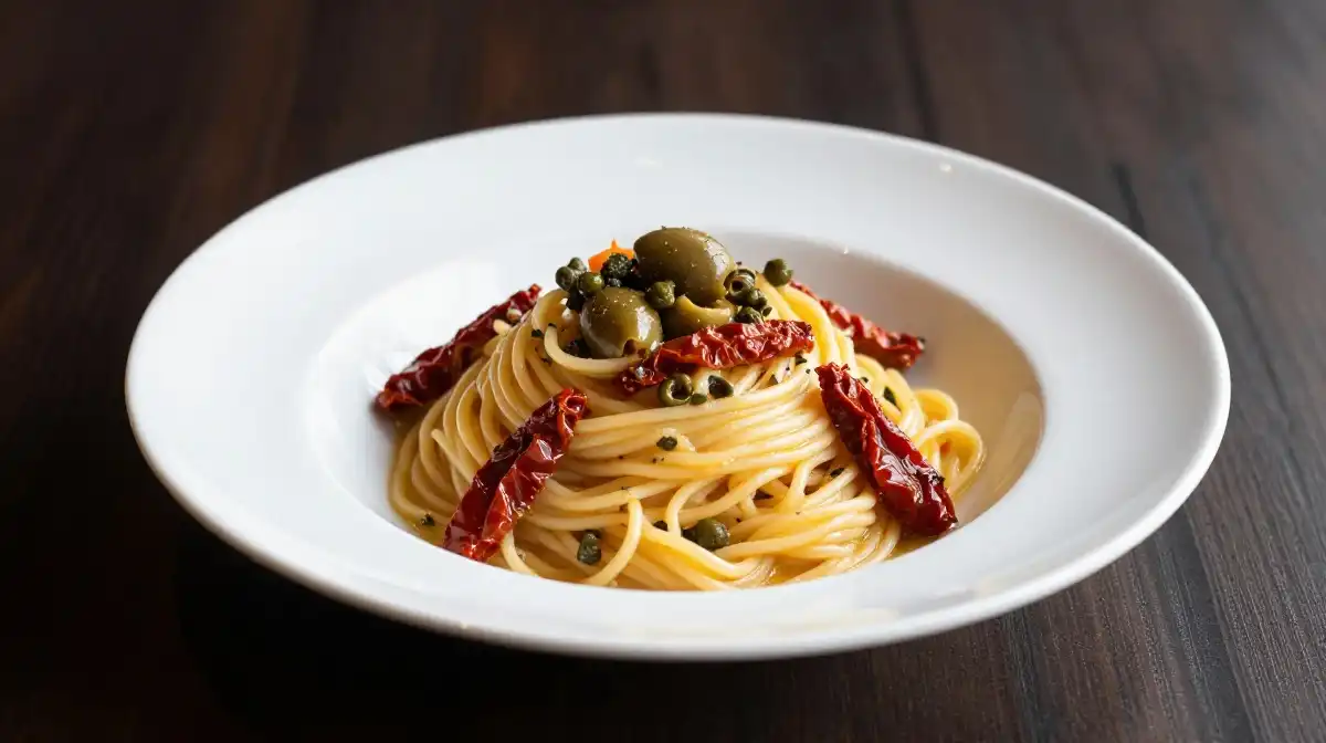 8. Sun Dried Tomato Pasta With White Wine Capers and Olives
