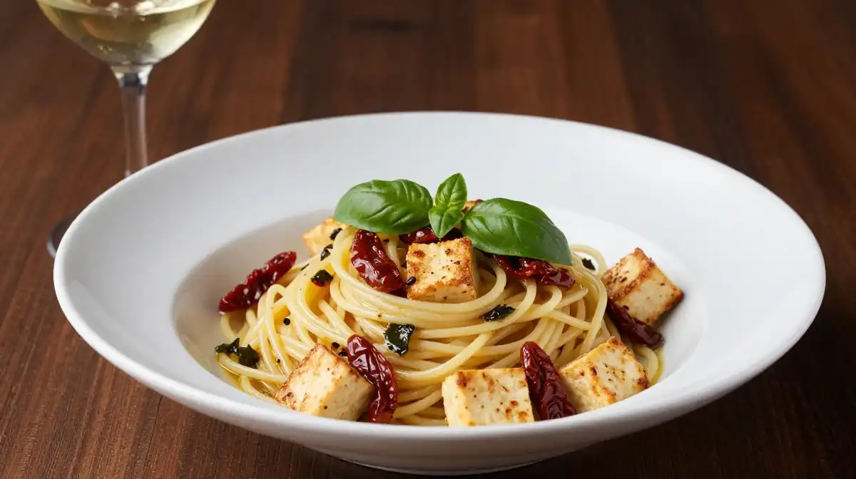 Tofu Pasta With Sun Dried Tomatoes Basil and White Wine