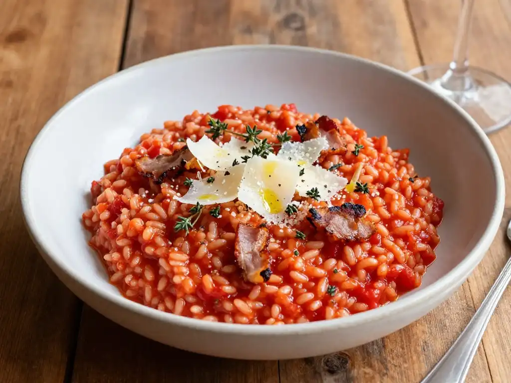 Tomato Risotto With White Wine Pancetta and Parmigiano Reggiano