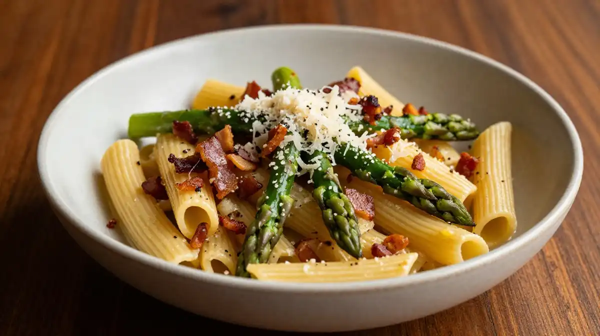 Asparagus Pasta With Bacon Pancetta and Parmesan for Rich Bold Flavor