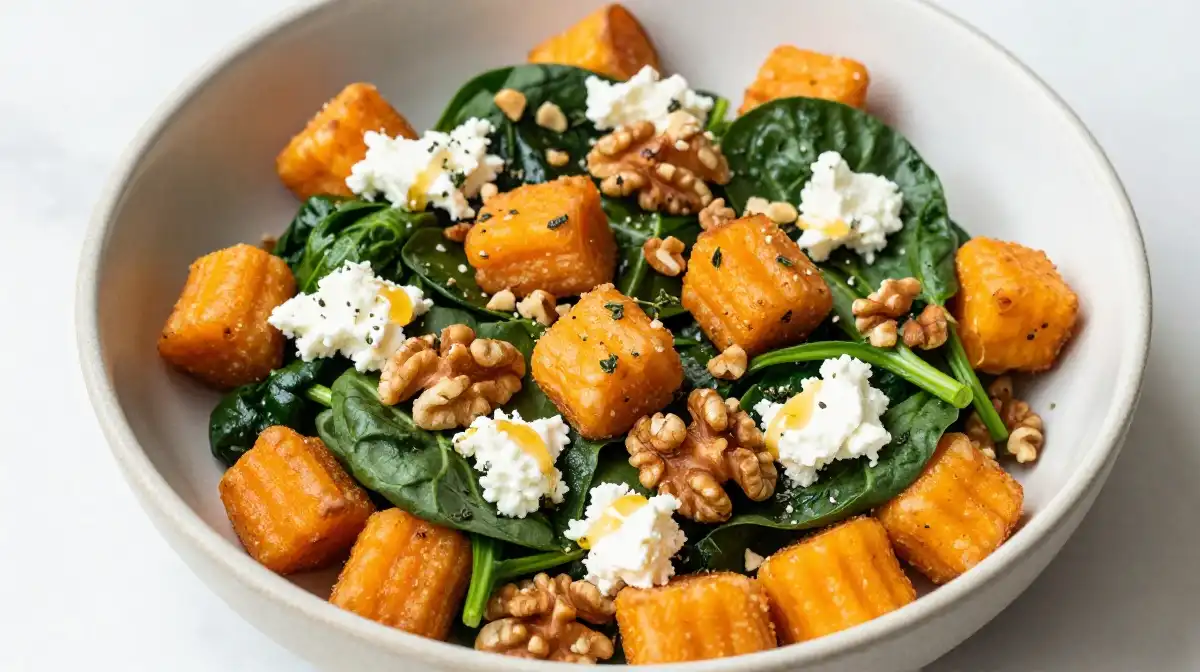 Sweet Potato Gnocchi With Spinach Goat Cheese and Walnuts