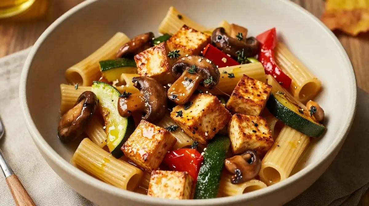 Tofu Pasta With Mushrooms Roasted Vegetables and Fresh Herbs