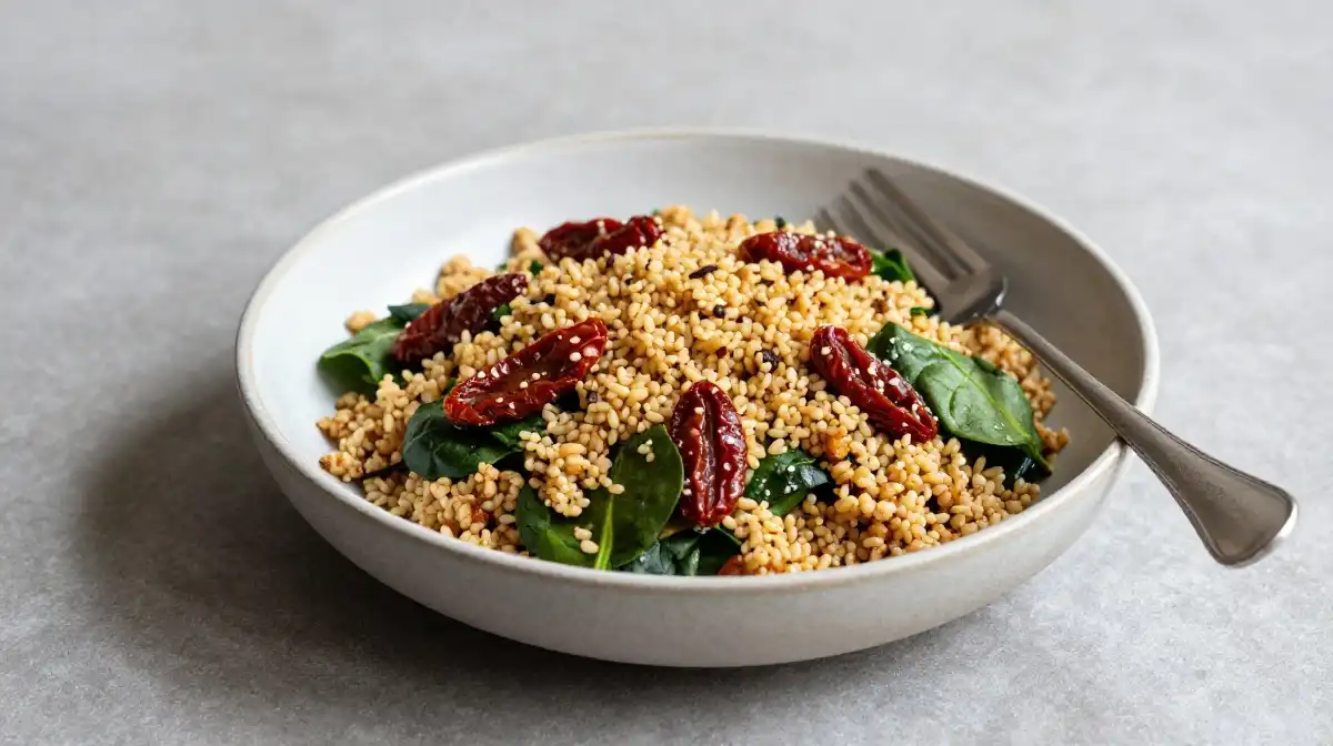 Vegan Bulgur Salad With Sun Dried Tomatoes and Spinach
