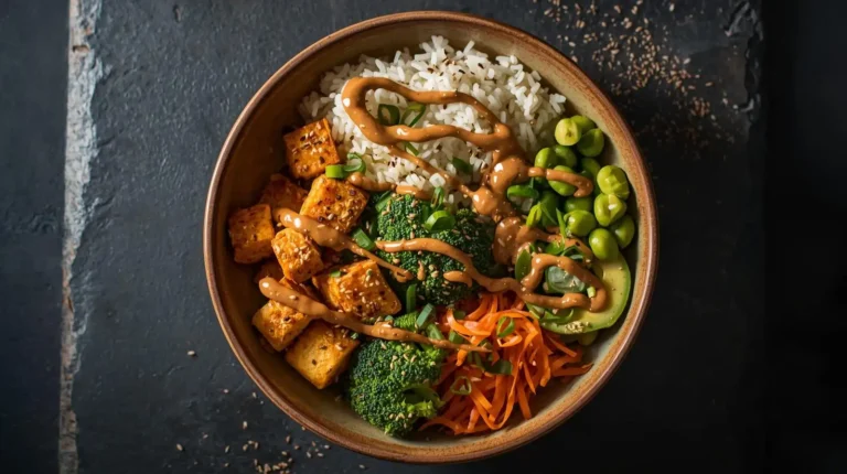 easy tofu rice bowl with peanut sauce