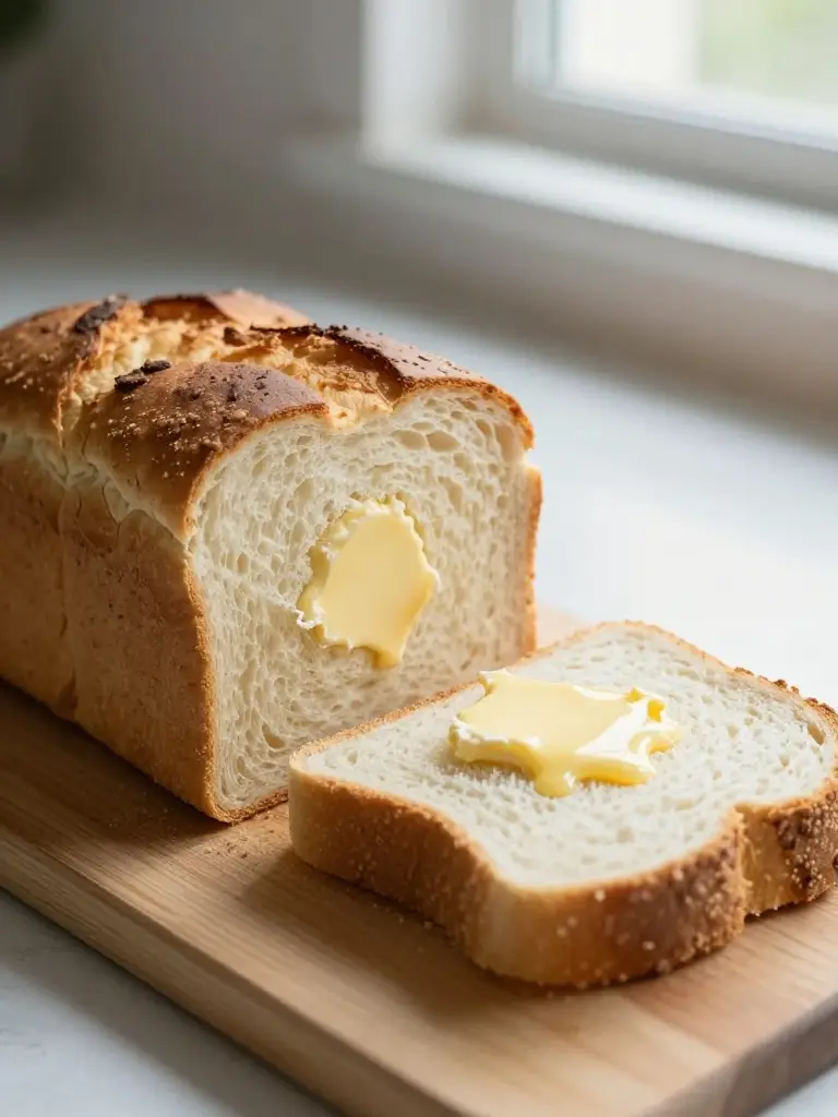Sliced-homemade-bread-loaf-on-a-cutting-board-with-butter-melting-on-top-soft-natural-window-light